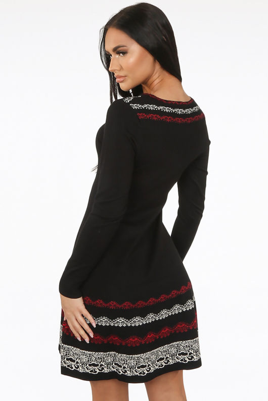 Black Fine Knit Floral Print Bodycon Dress