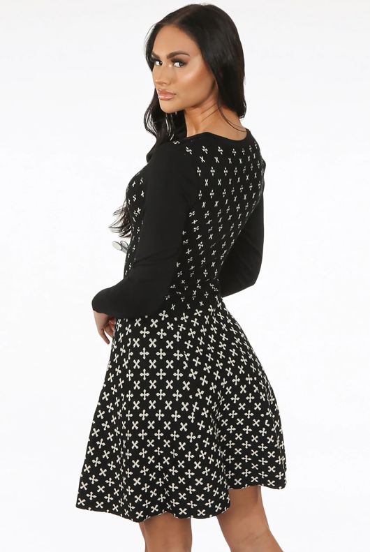 Black Fine Knit Cross Print Midi Dress