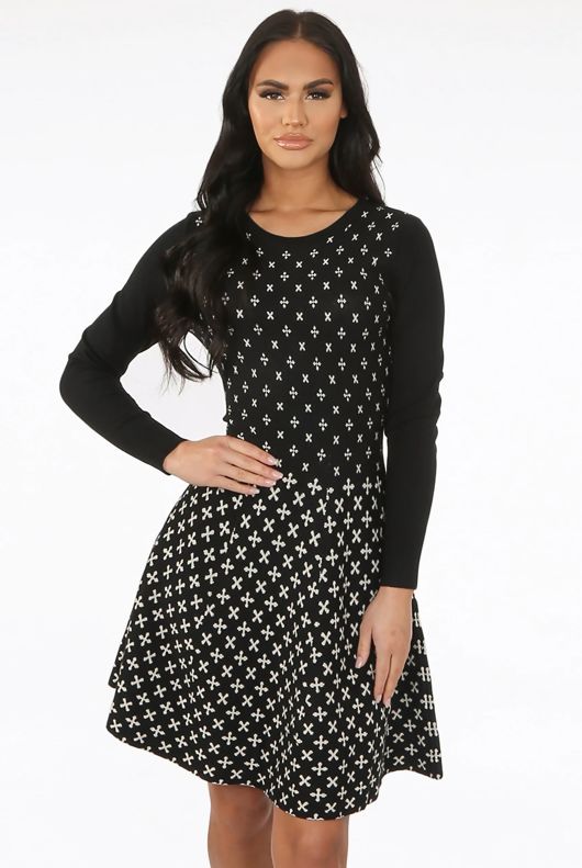Black Fine Knit Cross Print Midi Dress