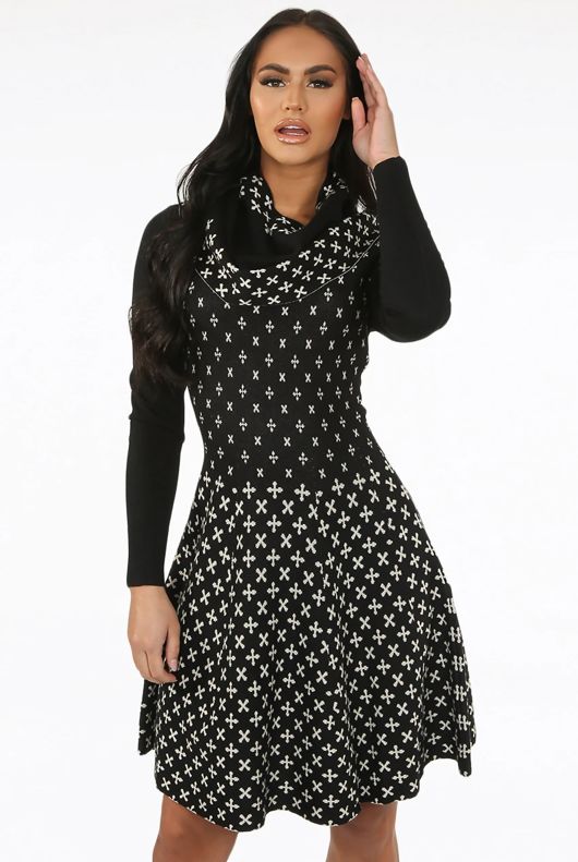 Black Fine Knit Cross Print Midi Dress