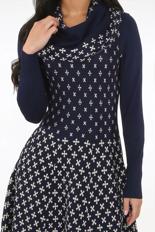 Navy Fine Knit Cross Print Midi Dress
