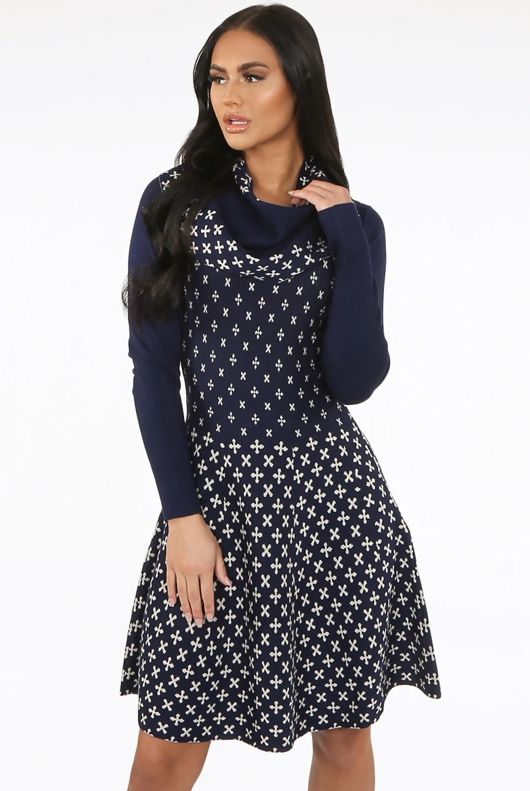 Navy Fine Knit Cross Print Midi Dress