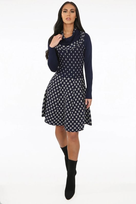 Navy Fine Knit Cross Print Midi Dress