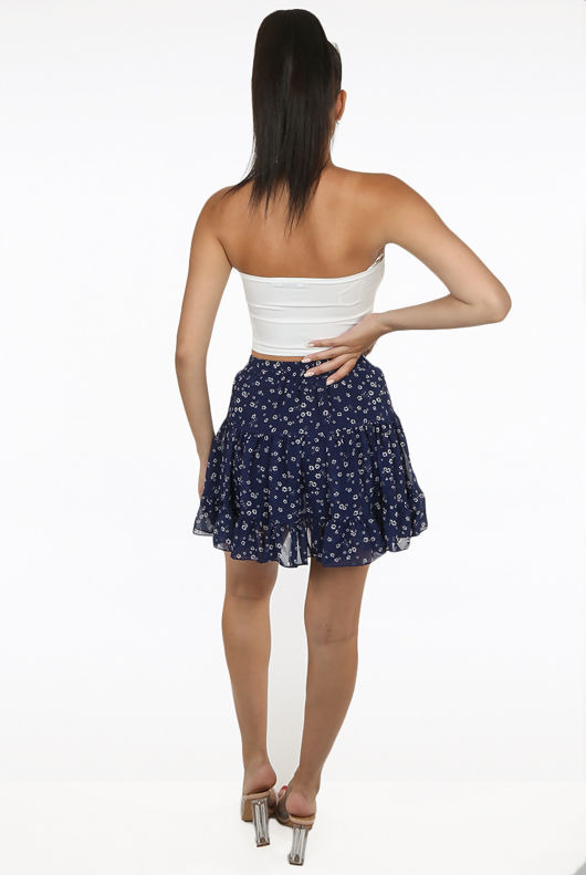 Navy Contrast Flower Print Mini Skirt