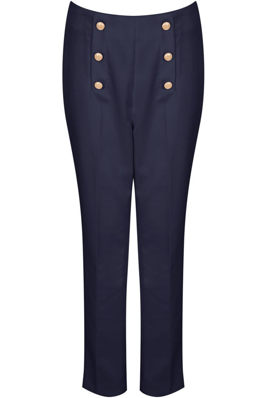 Gold Button Tailored Straight Navy Trousers
