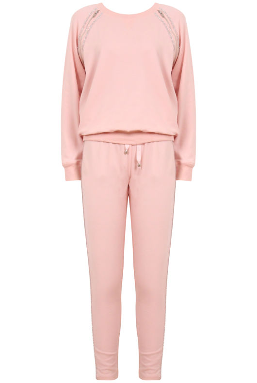 Pink Embellished Sweat Shirt & Trouser Set