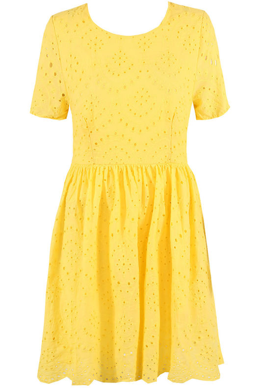 Yellow Embroidery Round Neck Shift Dress