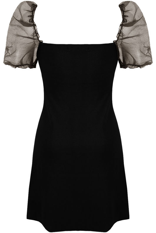 Black Ribbed Chiffon Puff Sleeves Dress