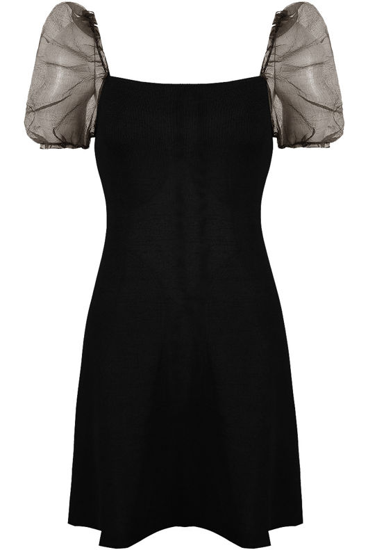 Black Ribbed Chiffon Puff Sleeves Dress