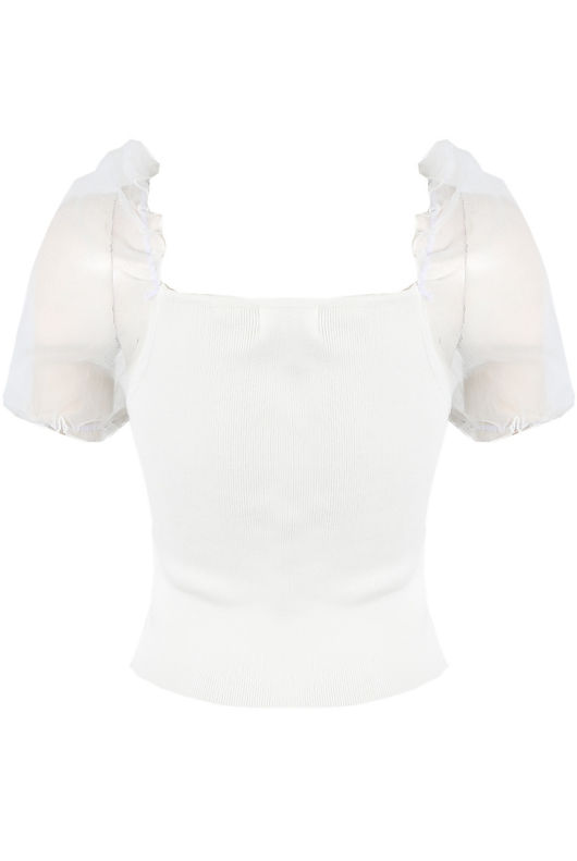 White Organza Sleeve Knitted Crop Top