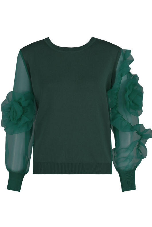 Green Mesh Sleeve Round Neck Jumper