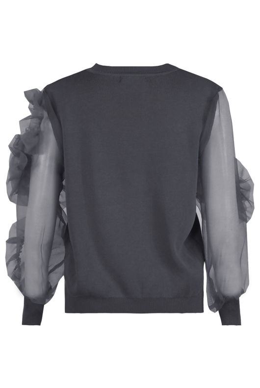 Grey Mesh Sleeve Round Neck Jumper