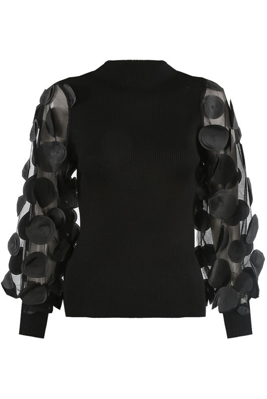 Black Flower Mesh Sleeve Trimming Ribbed Jumper