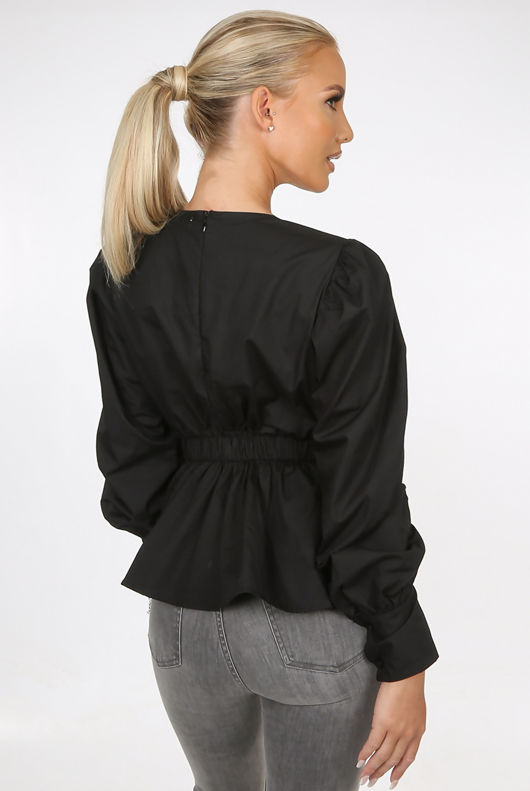 Black Ruched Elasticated Waist Round Neck Blouse
