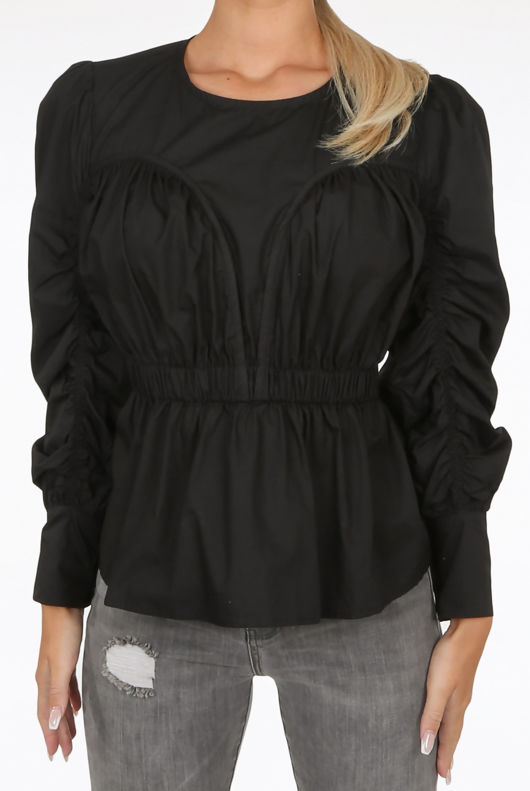 Black Ruched Elasticated Waist Round Neck Blouse