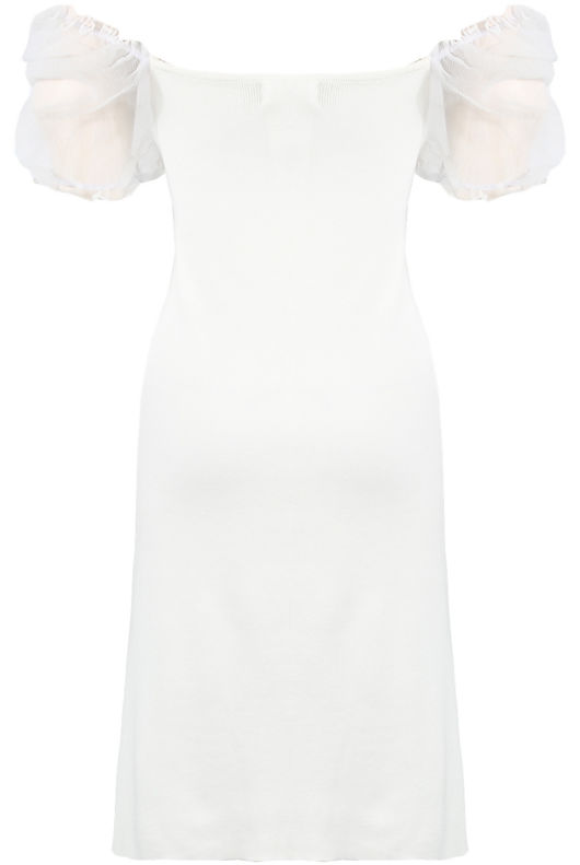 White Ribbed Chiffon Puff Sleeves Dress