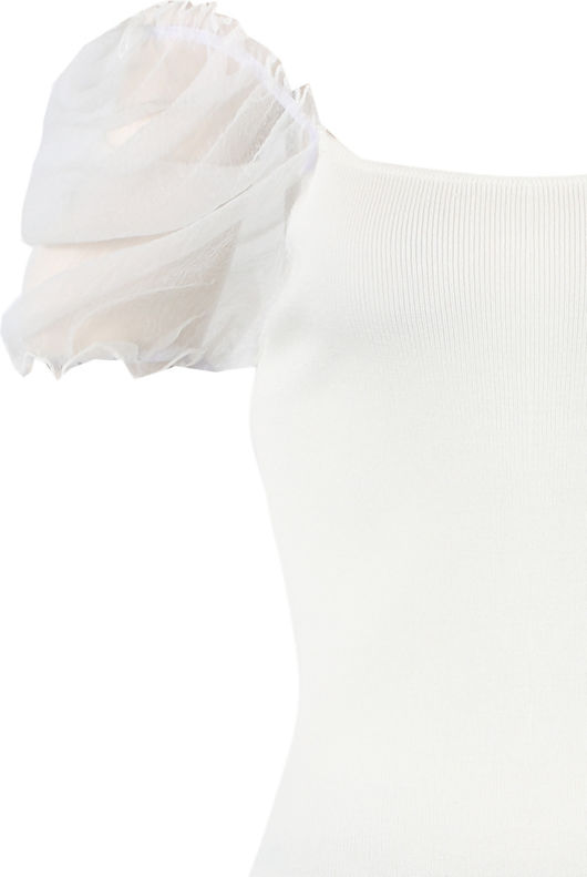 White Ribbed Chiffon Puff Sleeves Dress