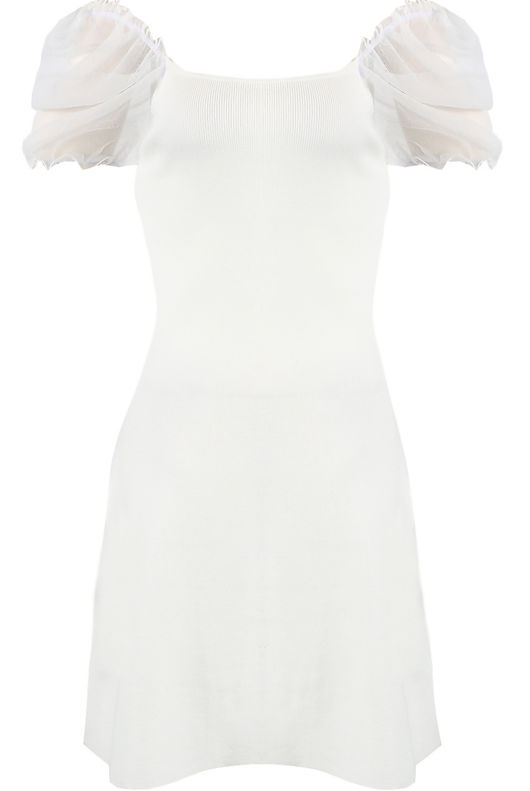White Ribbed Chiffon Puff Sleeves Dress