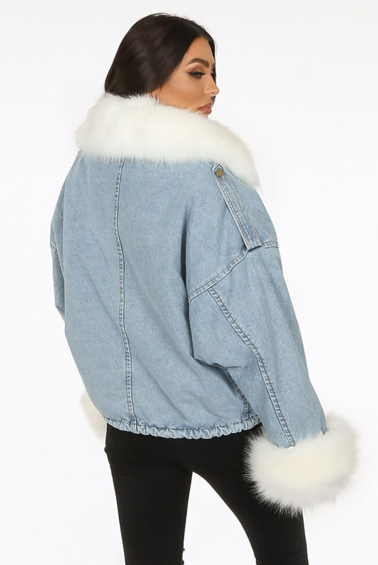 Oversize Fur Trim Denim Blue Jacket 