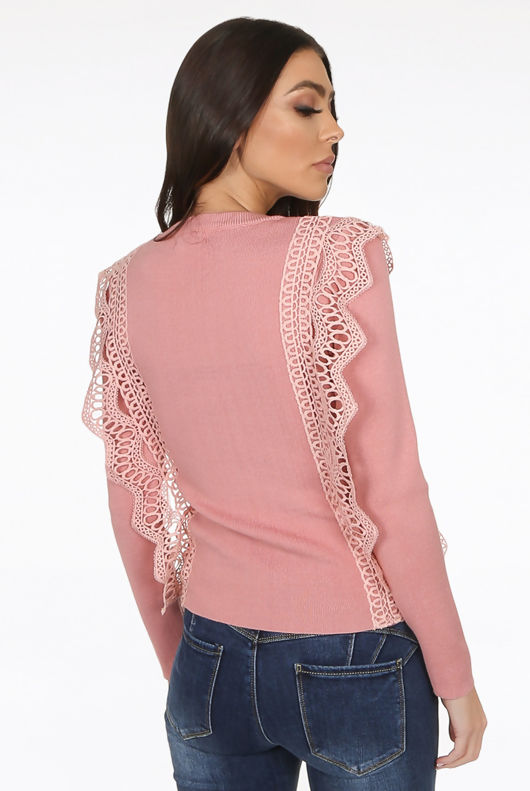 Pink Crochet Lace Long Sleeve Crop Tops