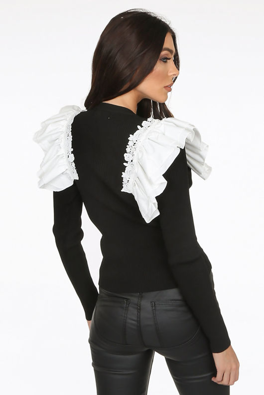 Black Shoulder Trimming Ribbed Tops