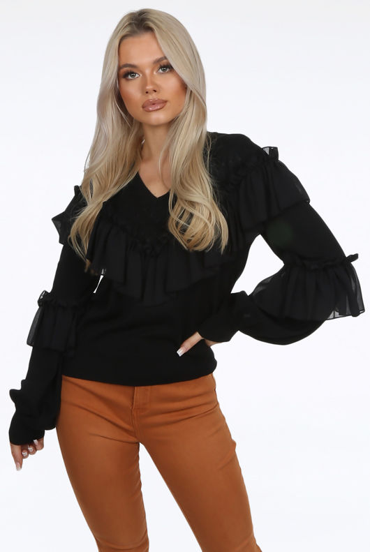 Black Chiffon Frill Detail Jumper