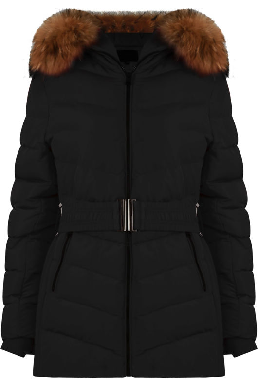 Black Padded Fur Hood Parka Coat