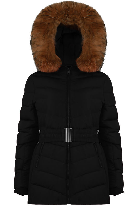 Black Padded Fur Hood Parka Coat