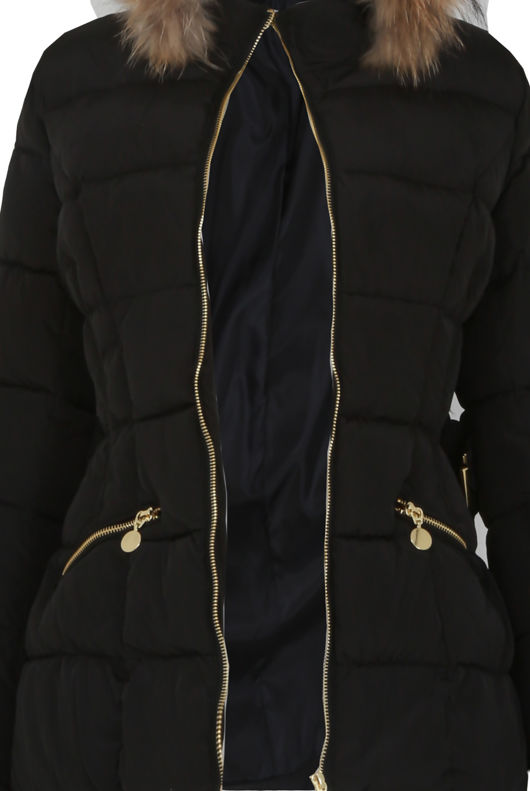 Black Padded Fur Hood Jacket