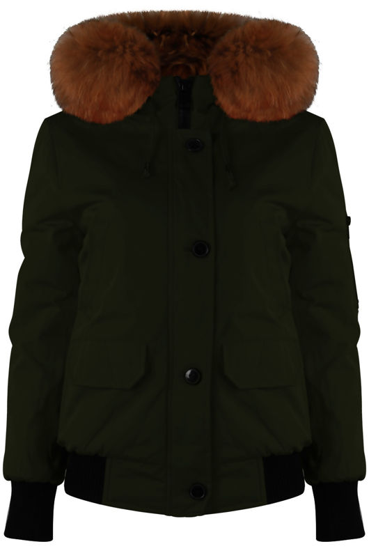 Khaki Fur Hood Bomber Jacket