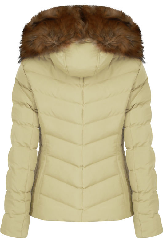Cream Zipped Pockets Fur Hood Puffa Jackets