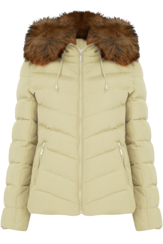 Cream Zipped Pockets Fur Hood Puffa Jackets