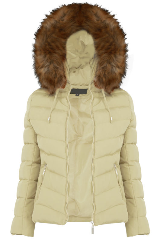 Cream Zipped Pockets Fur Hood Puffa Jackets