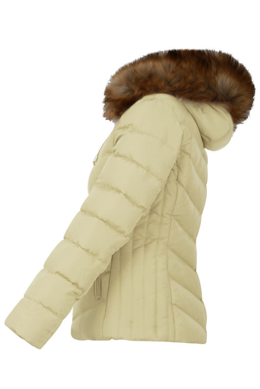 Cream Zipped Pockets Fur Hood Puffa Jackets