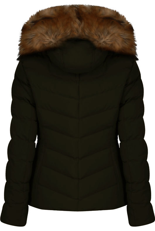 Zipped Pockets Fur Hood Puffa Khaki Jackets