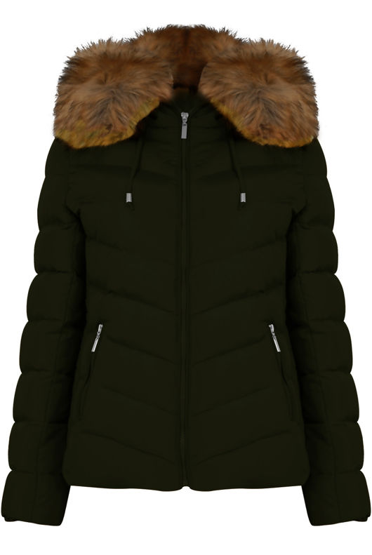 Zipped Pockets Fur Hood Puffa Khaki Jackets