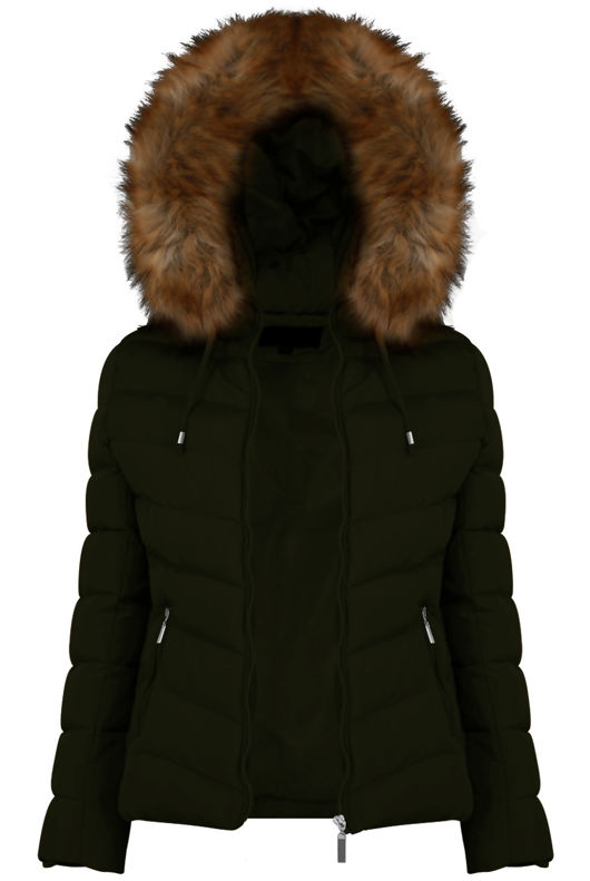 Zipped Pockets Fur Hood Puffa Khaki Jackets
