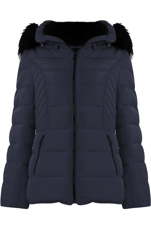 Navy Quilted Puffa Jacket with Black Faux Fur