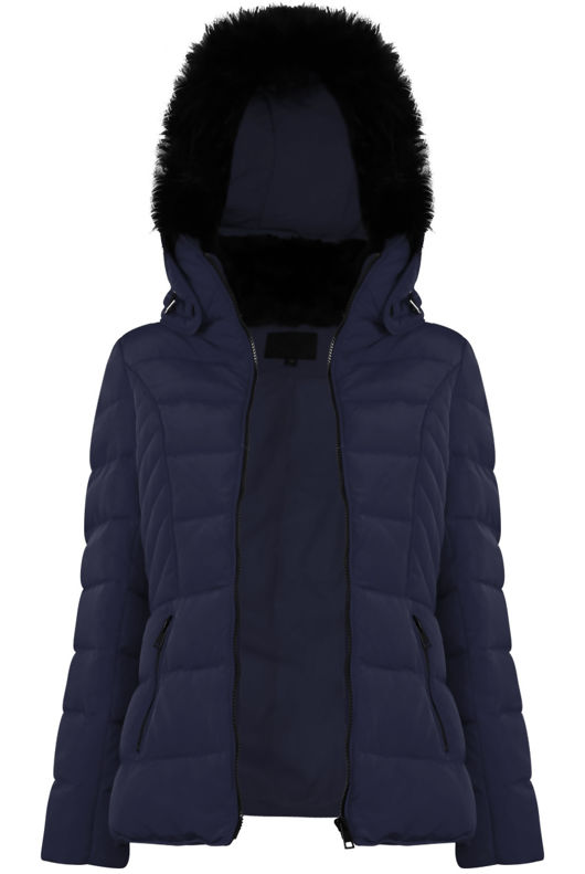 Navy Quilted Puffa Jacket with Black Faux Fur