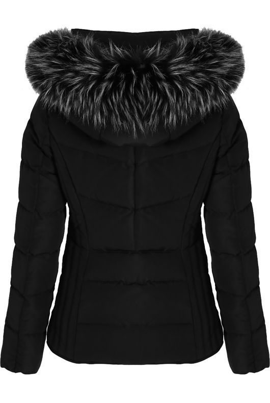 Black Faux Fur Hood Puffer Jackets 