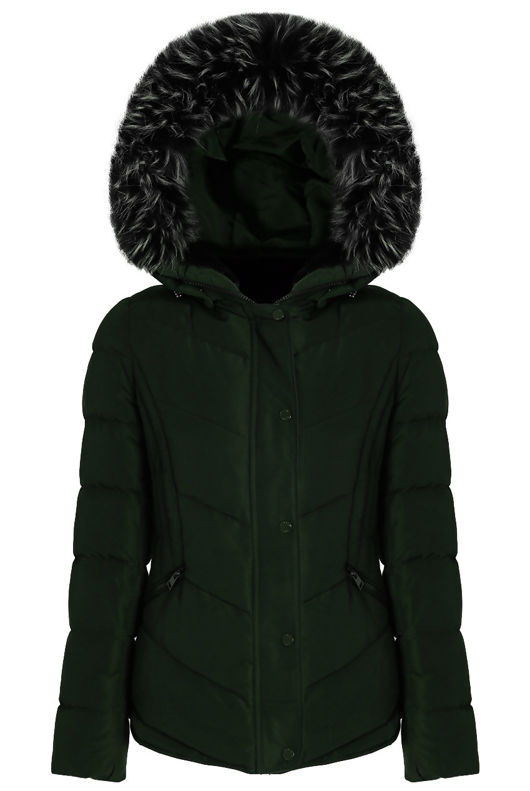 Green Faux Fur Hood Puffer Jackets