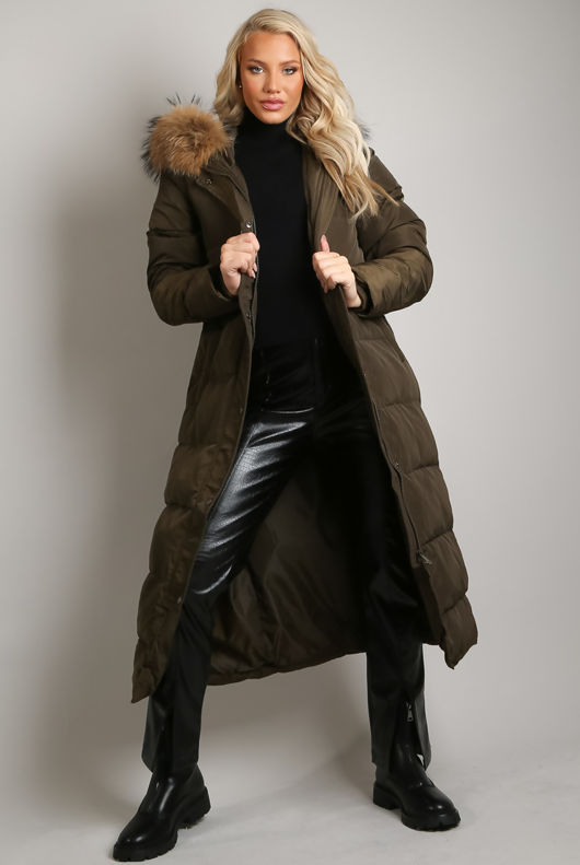 Khaki Long Padded Puffer Coat With Fur Trim Hood