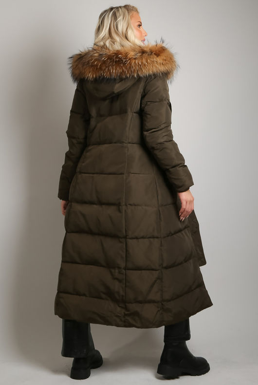 Khaki Long Padded Puffer Coat With Fur Trim Hood