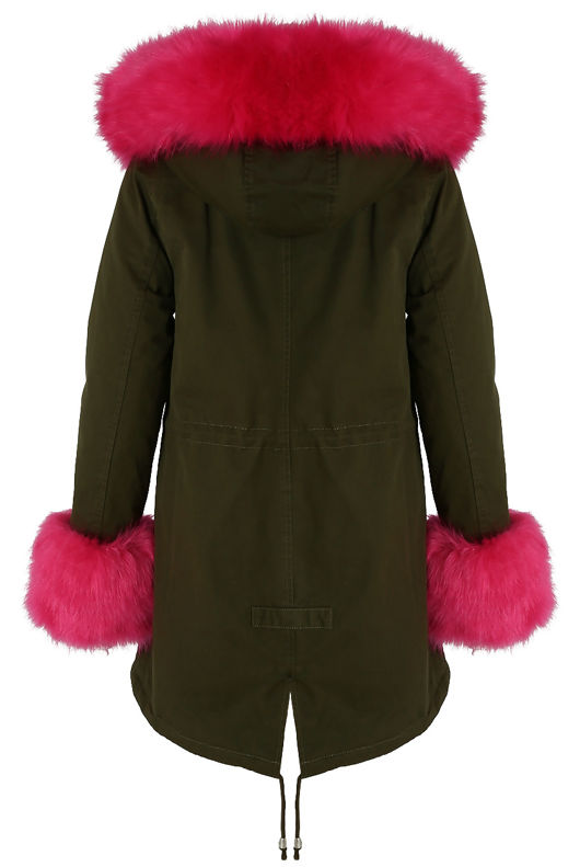 Fuchsia Fur Hood & Cuffs Trim Khaki Parka Coat