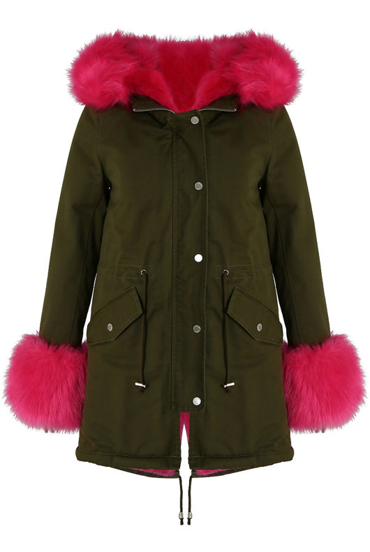 Fuchsia Fur Hood & Cuffs Trim Khaki Parka Coat