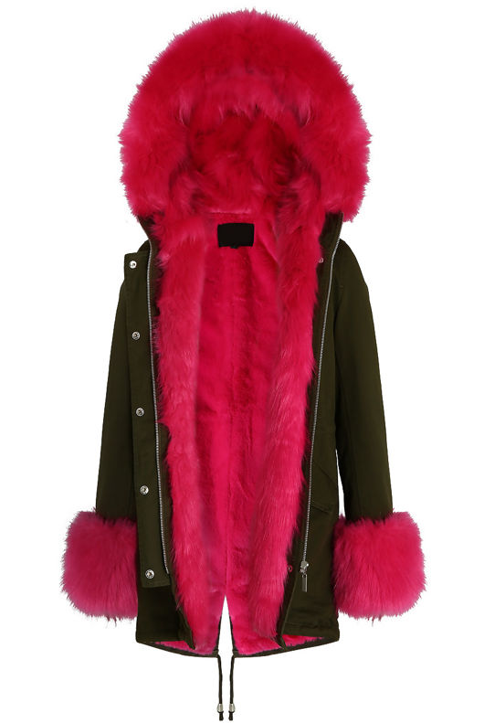 Fuchsia Fur Hood & Cuffs Trim Khaki Parka Coat
