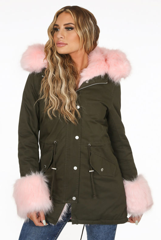 Rose Fur Hood & Cuffs Trim Khaki Parka Coat