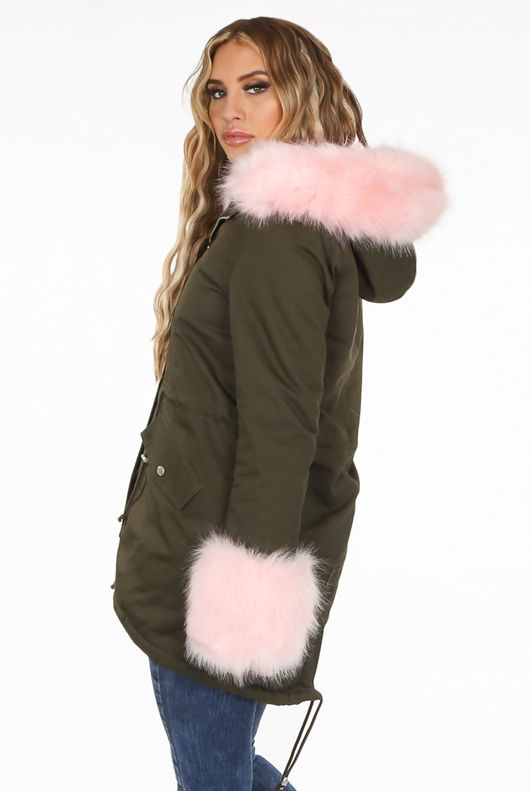 Rose Fur Hood & Cuffs Trim Khaki Parka Coat