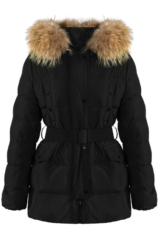 Black Belted Puffer Jacket With Fur Trim Hood