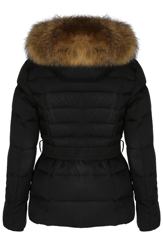 Black Zip Front Belted Puffer Coat With Fur Trim